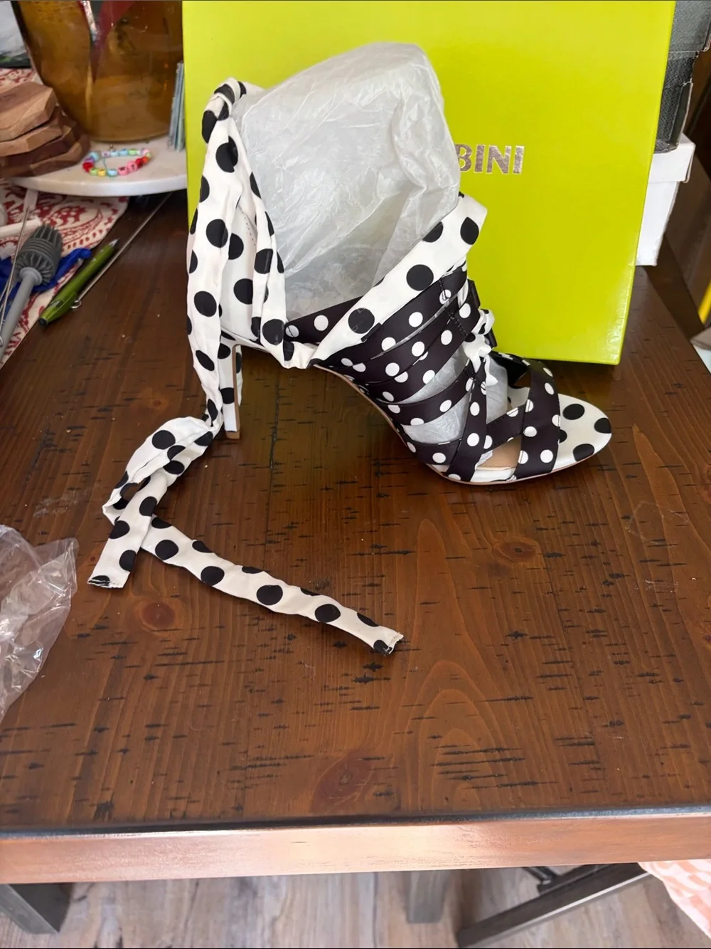 Gianni Bini Black and White Polka Dot Wrap-Heel Sandal